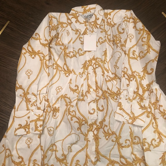 GANNI PRINTED COTTON POPLIN GATHERED PANEL WIDE MINI SHIRT DRESS, size 36 & 42 - Picture 3 of 6